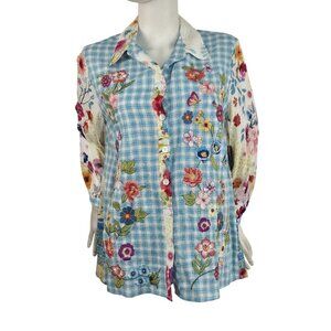 John Mark Women’s Shirt Top Embroidered Floral 3/4 Sleeve Button  Tunic  (53)